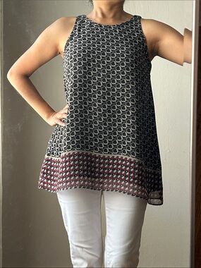 MAX STUDIO XS Black Printed Sleeveless Tank & Burgundy-Patterned Hem NWOT